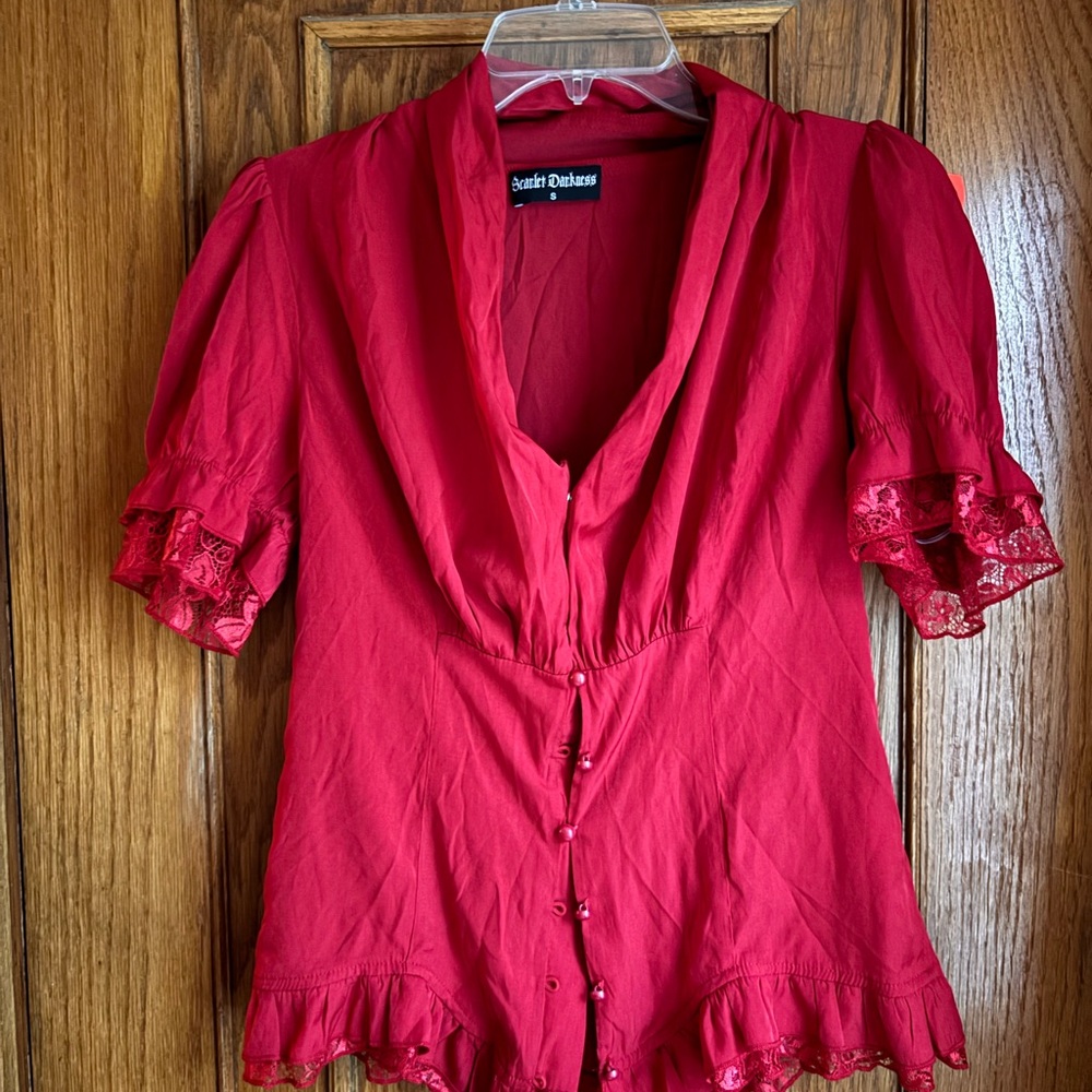 Red Ruffled Buttoned Blouse